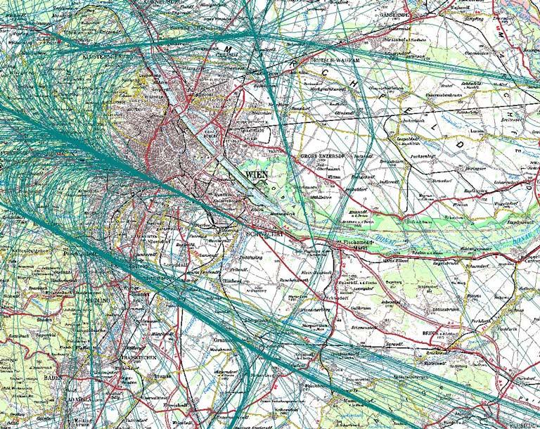 Landungen quer über Liesing Richtung Norden in das Flugbeschränkungsgebiet Wien hinein